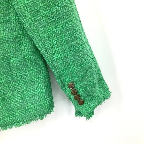 Ann Taylor Women's Green Tweed Blazer Size 14 Single-Breasted Fringe Trim - Picture 5 of 5